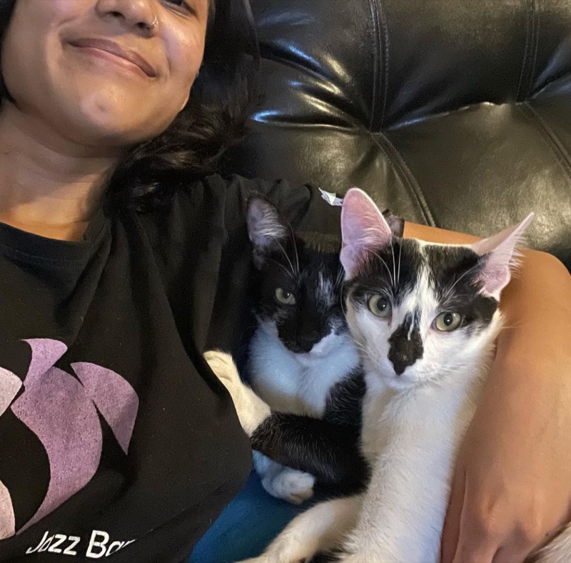 Priyal sitting with two black-and-white cats