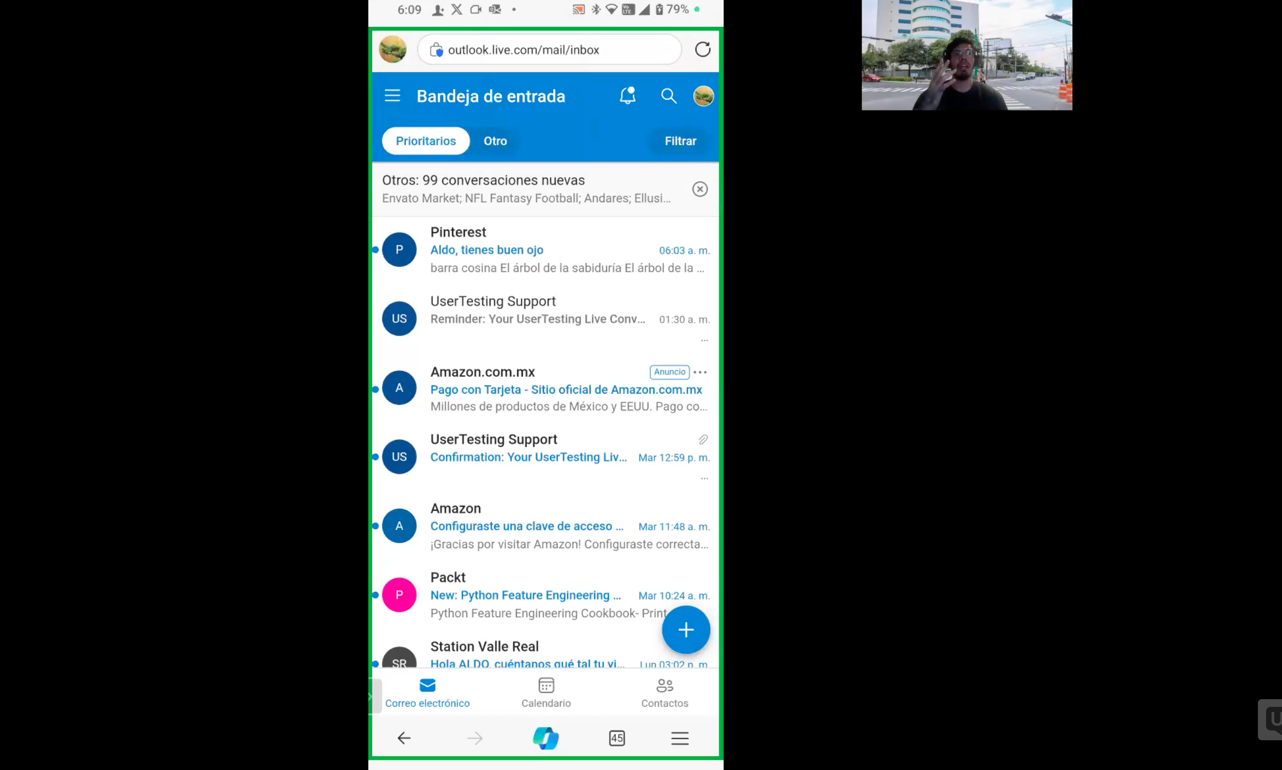 A remote research session showing Outlook mobile web on a phone